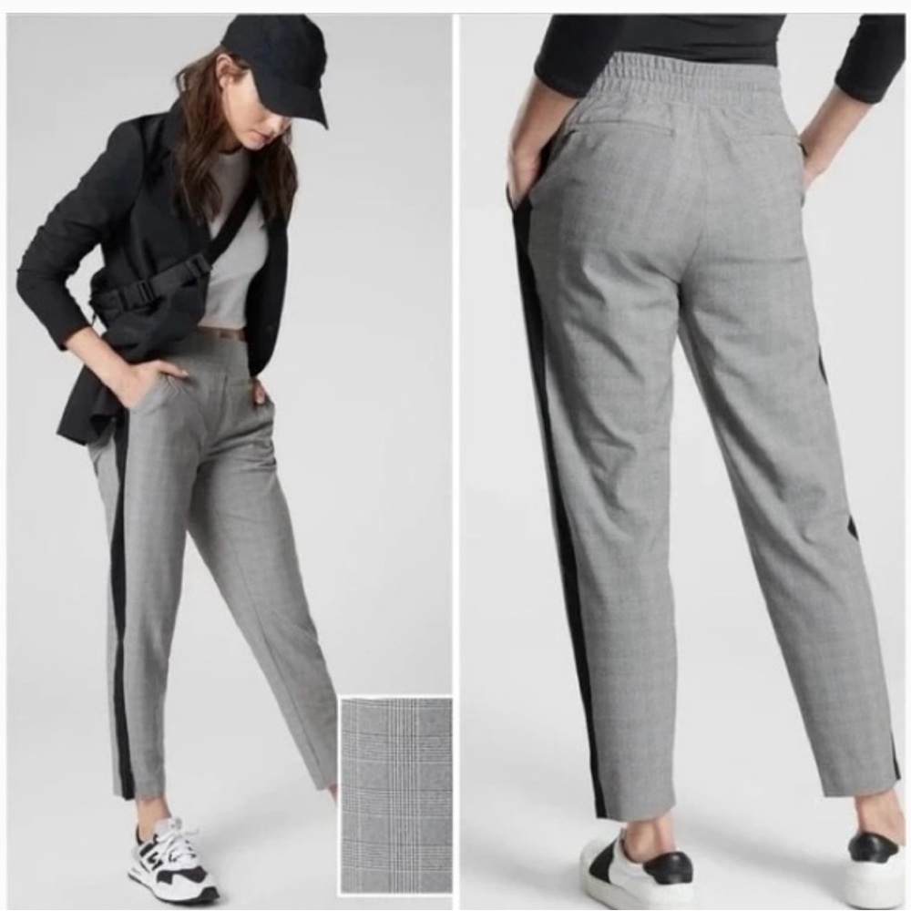 Atheta Brooklyn Jogger Gray Plaid Women's Pants with Black Stripe